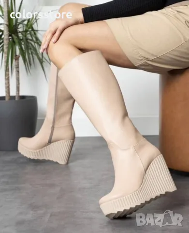 Ботуши на платформа - бежова кожа с бежово ходило - BNP200