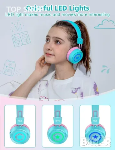 Детски Bluetooth слушалки RIYO с цветни LED светлини, ментово зелено, снимка 4 - Bluetooth слушалки - 49551815