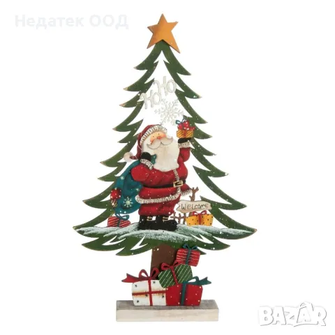  Коледна, Декоративна, Елха и Дядо Коледа, Дърво, 43.5см 