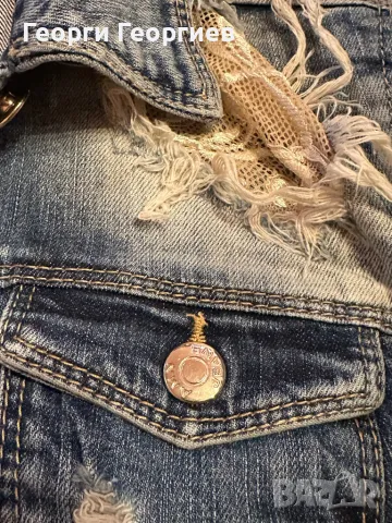 Уникално дънково яке с жълти акценти и дантела, снимка 3 - Якета - 49518331