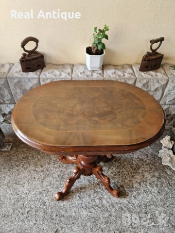 Страхотна антикварна английска дървена масичка с интарзия , снимка 2 - Антикварни и старинни предмети - 51179143