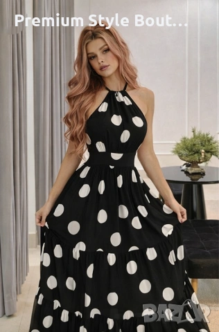 Дълга черна рокля на бели точки с халтер деколте и цепка – лятна дамска рокля, снимка 2 - Рокли - 53926867