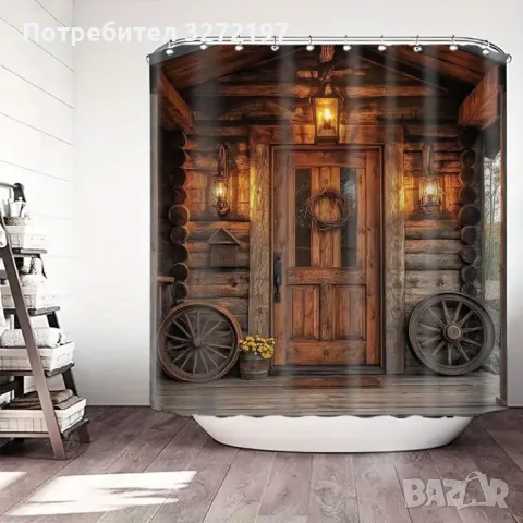 Комплект 2бр.-Полиестерни завеси за баня,Дизайн Рустикална дървена врата,Водоустойчиви, снимка 2 - Пердета и завеси - 47968000