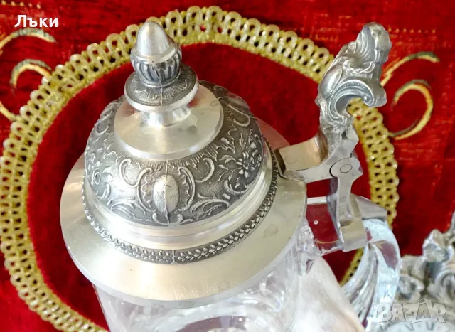 Кристална халба с капак от калай. , снимка 3 - Антикварни и старинни предмети - 56548799