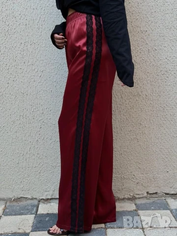 Нов Винено червен Сатениран широк панталон с висока талия ХЛ, снимка 7 - Панталони - 50492581