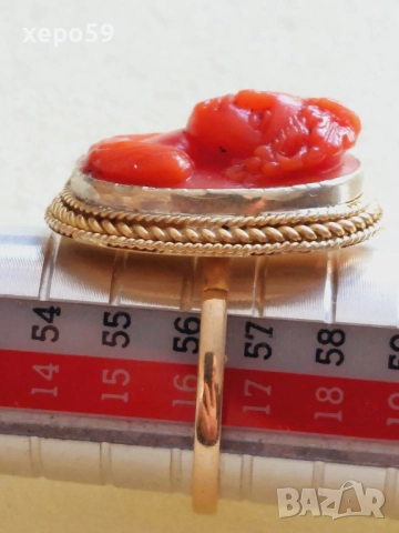 Дамски златен пръстен 14к с инкрустирана коралова камея, снимка 12 - Пръстени - 52624282