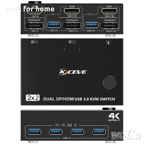 KCEVE DP HDMI USB 3.0 KVM превключвател за 2 компютъра и 2 монитора, два монитора, снимка 3 - Мрежови адаптери - 53948123