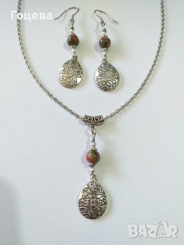 Новият ни Бохо комплект бижута с камъни Унакит и гравирани капки в цвят Сребро , снимка 3 - Бижутерийни комплекти - 36854277