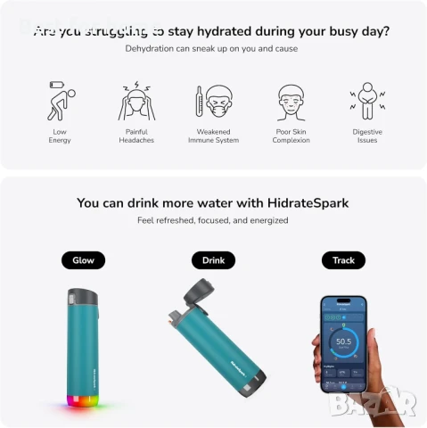 Смарт бутилка за вода HidrateSpark PRO – следи приема на вода с Bluetooth, LED напомняне, снимка 2 - Други - 51167652