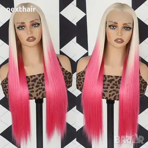 Лейс фонт права руса перука два цвята с розови краища , снимка 2 - Аксесоари за коса - 48222743