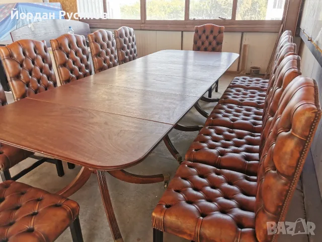 Оригинален луксозен комплект 12 Chesterfield стола с маса от махагон, снимка 6 - Столове - 52389880
