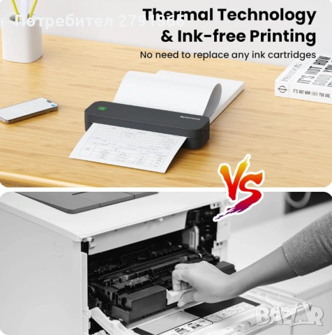 Преносим принтер,ByteCintia Bluetooth термопринтер акумулаторен,съвместим с Android и iOS или лаптоп, снимка 5 - Принтери, копири, скенери - 53923158