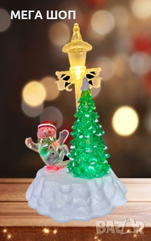 Коледна декорация - Снежен човек и елха под лампа