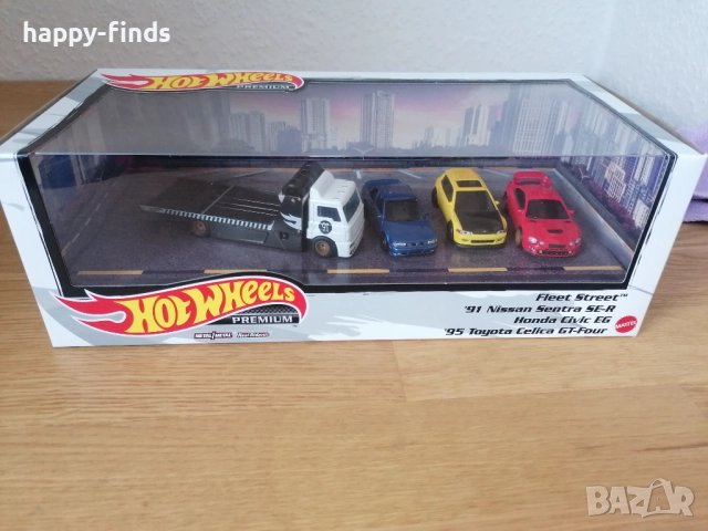 Hot Wheels Premium Diorama “Fleet Street” – Sentra SE-R / Civic EG / Celica GT-Four + truck)