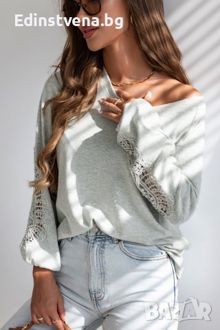 Дамска блуза в сиво с дълъг ръкав и ефектна бродерия, снимка 3 - Блузи с дълъг ръкав и пуловери - 44414688