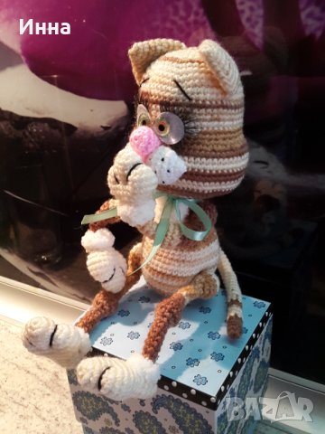 Котенце Мурзилка, Плетена играчка, Ръчно изработена, Перфектен подарък, снимка 8 - Плюшени играчки - 39335358