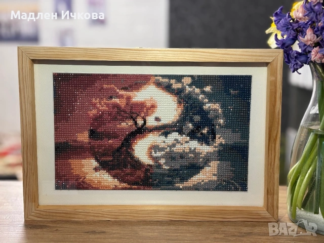 Ръчно изработен Диамантен Гоблен „Хармония“ (Ин и Ян) – в масивна дървена рамка ☯️✨, снимка 2 - Гоблени - 53964867