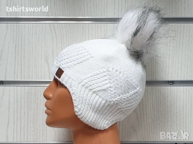 Нова детска зимна шапка тип ушанка с помпон в бял цвят, снимка 4 - Шапки, шалове и ръкавици - 47893991