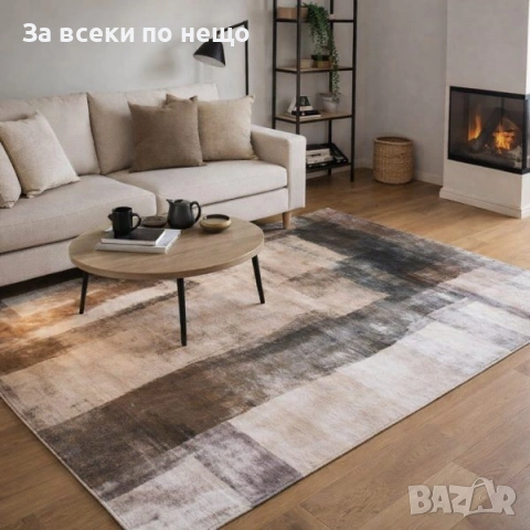 Модерен щампован килим кафяво-бял от полиестер – 120×180 / 160×230 см Код P2168, снимка 3 - Килими - 54167963