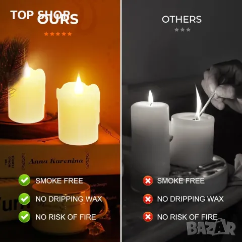 6 броя восъчни акумулаторни LED свещи топло бели, дистанционно управление, за домашен декор, снимка 4 - Декорация за дома - 49509152