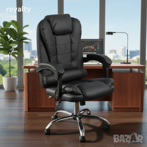 Ергономичен офис стол с лумбална опора от еко кожа в черен цвят – комфорт за дълги часове без болки , снимка 2 - Столове - 54125315