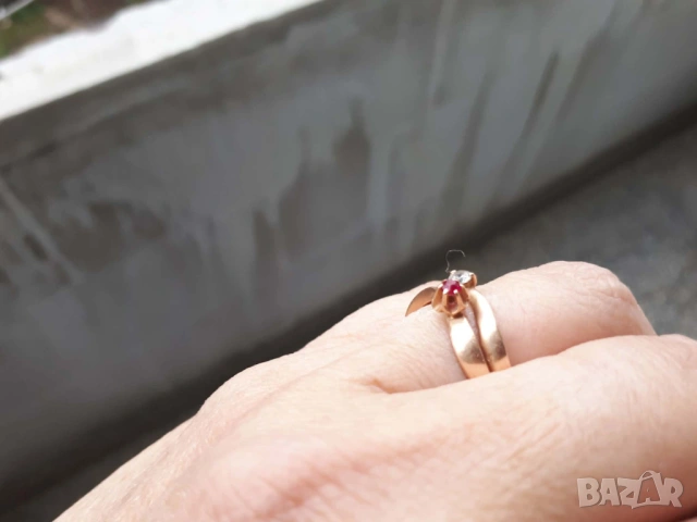 Руски златен пръстен с рубин и фианит, снимка 4 - Пръстени - 47270407