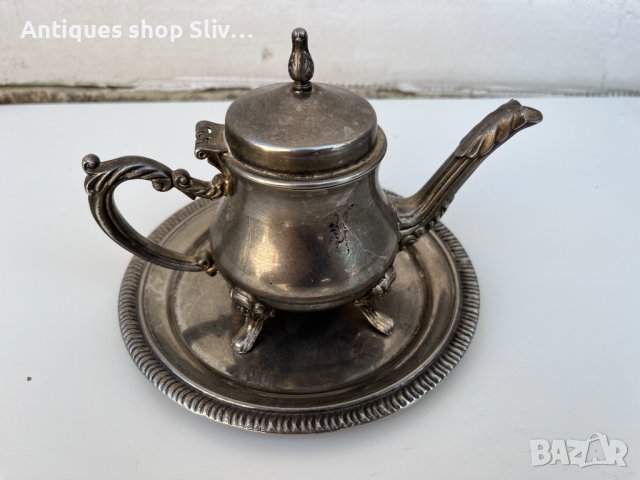 Посребрен комплект чайник с чинийка. №2419, снимка 2 - Колекции - 36922279