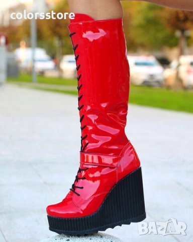 Ботуши на платформа - червен лак - 1905, снимка 2 - Дамски ботуши - 32307021
