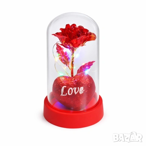Светеща червена роза с червено сърце с надпис LOVE под прозрачен купол с LED светлини, снимка 2 - Романтични подаръци - 53110269