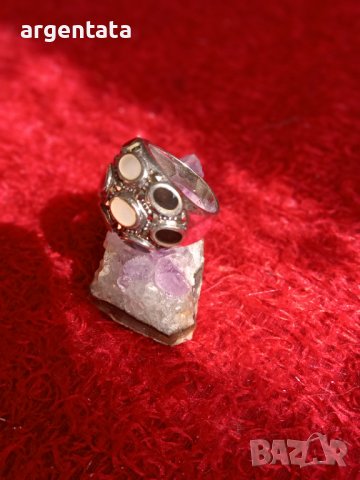 Масивен сребърен пръстен със седеф, оникс и маркизети, снимка 5 - Пръстени - 36690338