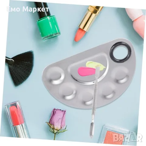 Полукръгла палитра за смесване на грим от неръждаема стомана с помощна пръчица, снимка 5 - Козметика за лице - 49512299