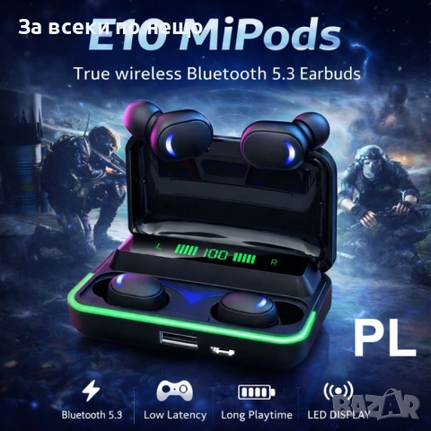 Безжични слушалки E10 МiPods 5.3 с LED дисплей /ED-BJLDP-1010 Код P1976, снимка 2 - Безжични слушалки - 53926940