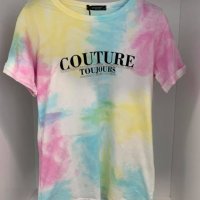 Цветна тениска със надпис Couture Toujours и камъчета, снимка 3 - Тениски - 29230948