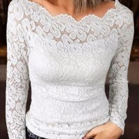 Дамска дантелена блуза в бяло с ефектно деколте, снимка 6 - Блузи с дълъг ръкав и пуловери - 42399570