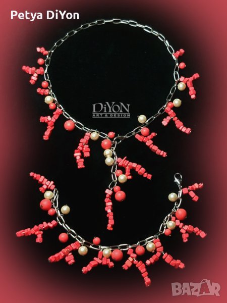 Дамски комплект гривна и колие от естествени камъни-корал и перли, снимка 1