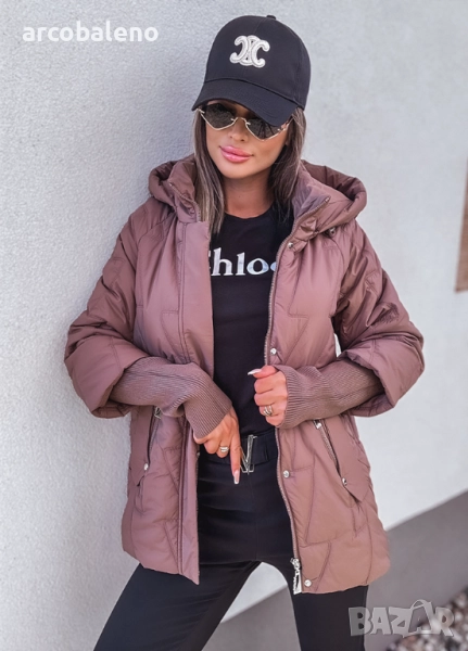 Дамско ватирано яке с качулка и ръкави тип пуловер, снимка 1