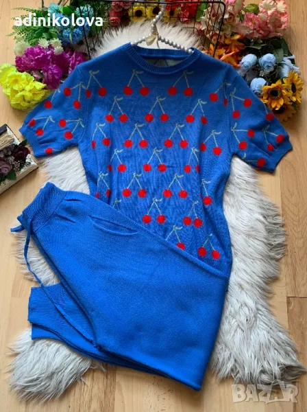 Син екип/комплект плетиво с череши, снимка 1
