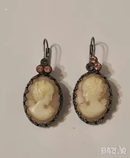 Сребърни обеци камея в стил Арт Нуво от 1940 г. Марказит Истинска издълбана раковина, снимка 1