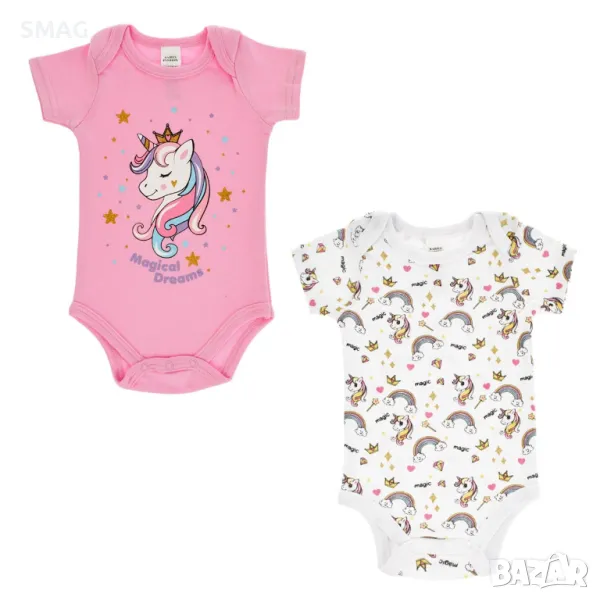 Бебешко памучно боди с къс ръкав, розов еднорог, бели еднорози, дъги - 2 бр. S_1233542, снимка 1