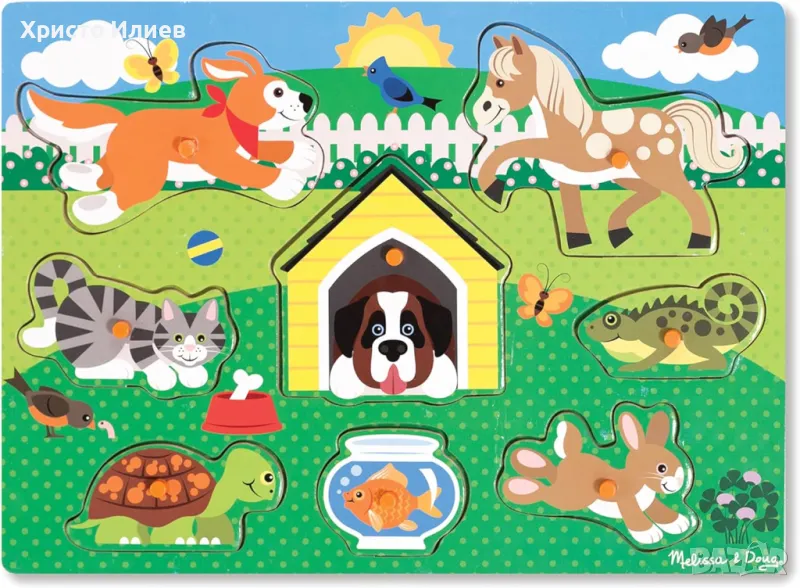 Дървен пъзел Melissa and Doug Домашни животни с дръжки, снимка 1