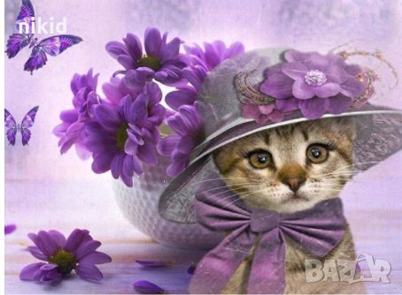 Коте с капела и цветя 5D гоблен диамантен гоблен картина мозайка за направа по схема с камъчета, снимка 1