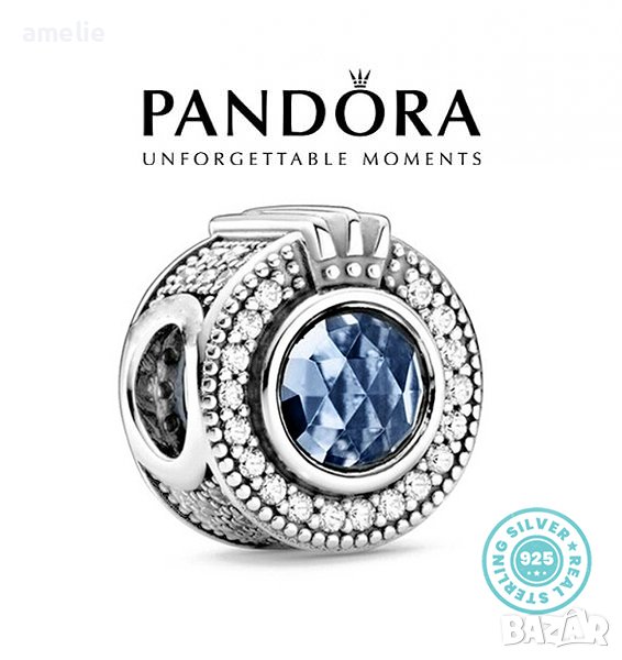 Талисман Пандора сребро проба 925 Pandora Sparkling Blue Crown O. Колекция Amélie, снимка 1