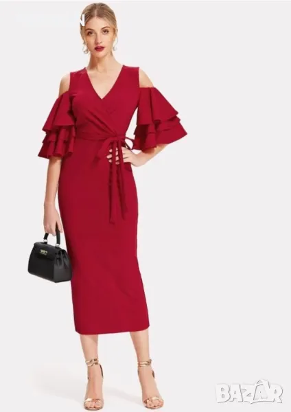 РАЗКОШНА червена рокля с отворени рамене , снимка 1