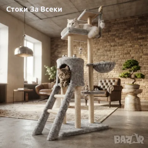 Многоетажна котешка драскалка с къщичка и легло, снимка 2 - За котки - 56215316