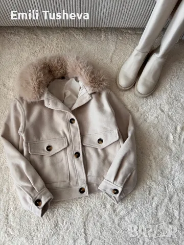 Яке от габардин с пухкава яка, снимка 3 - Якета - 50290466