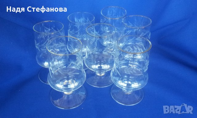 Ретро гравирани стъклени чаши за алкохол със столче 6 бр, снимка 3 - Антикварни и старинни предмети - 29080799