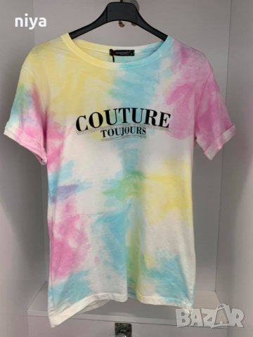 Цветна тениска със надпис Couture Toujours и камъчета, снимка 3 - Тениски - 29230948