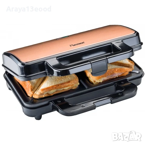 Уред за сандвичи / тостер BESTRON ASM90XLCO XL, 900W за 4 триъгълни сандвича, мед/черен