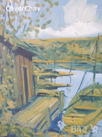 68х59см/голяма стара картина масло върху фазер/импресионизъм/пейзаж/река-лодка/дървена рамка, снимка 7 - Картини - 51218520