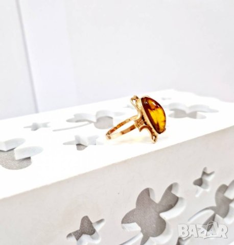 Руски златен пръстен с естествен кехлибар, снимка 2 - Пръстени - 42433573
